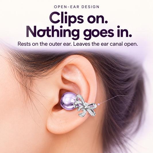 Open-ear fit of Bow Charm Clip-On Earbuds