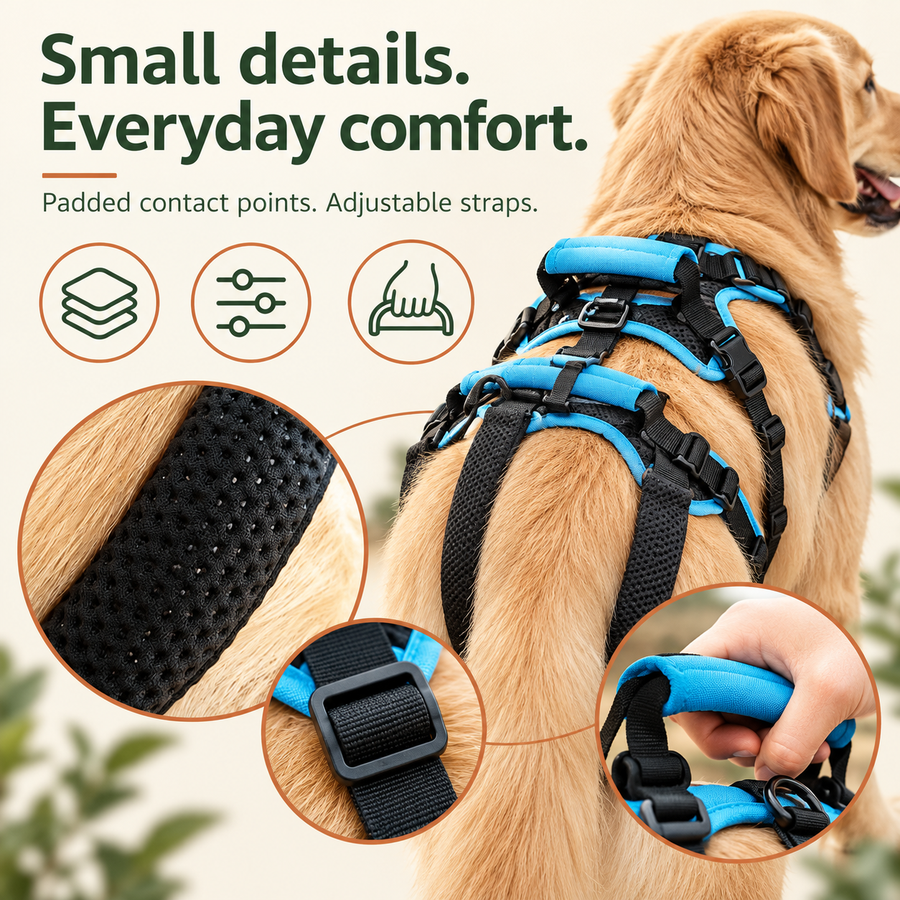 Padded handles, mesh contact points and adjustment buckles
