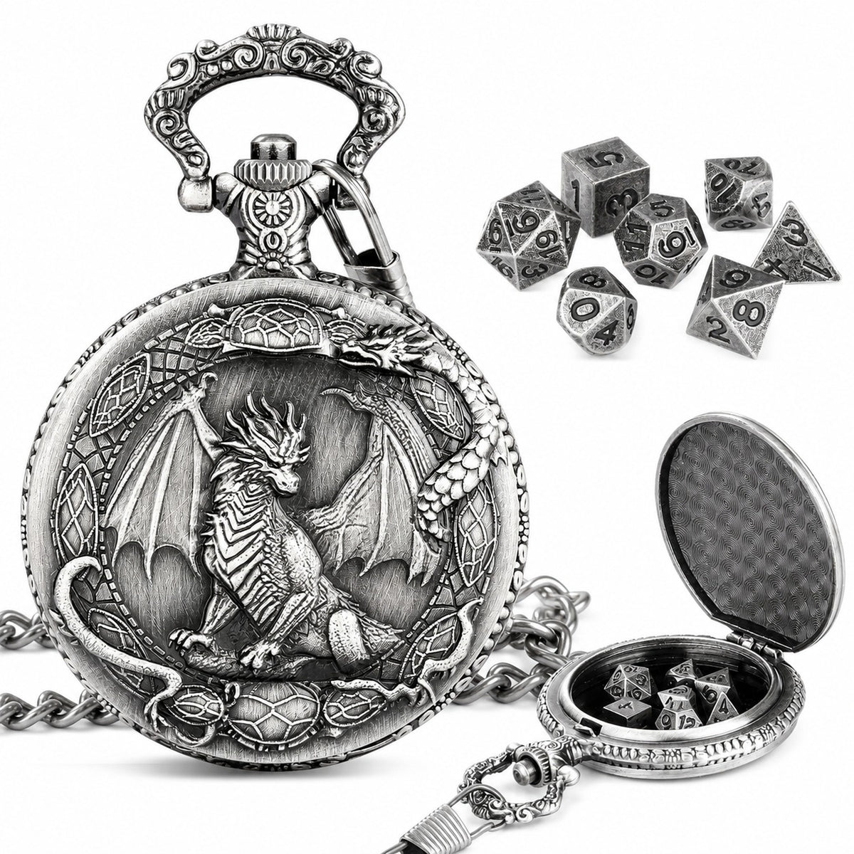 Dragon Crest Pocket Watch Dice Set – A Legendary RPG Gift for D&D Players