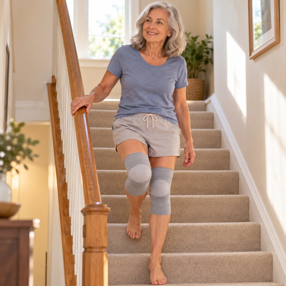 Older woman walking down the stairs wearing gray knee sleeves
