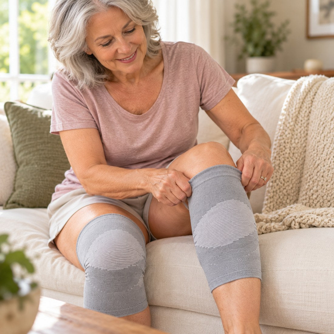 Older woman easily pulling on a gray knee sleeve