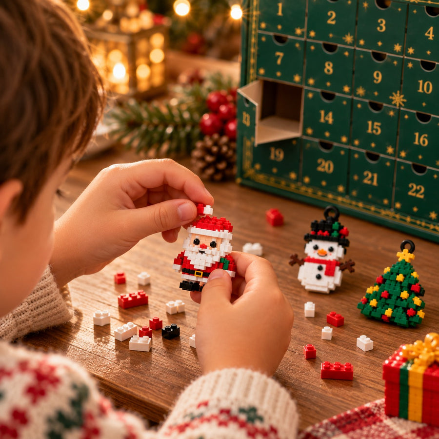 Child building a mini brick Santa