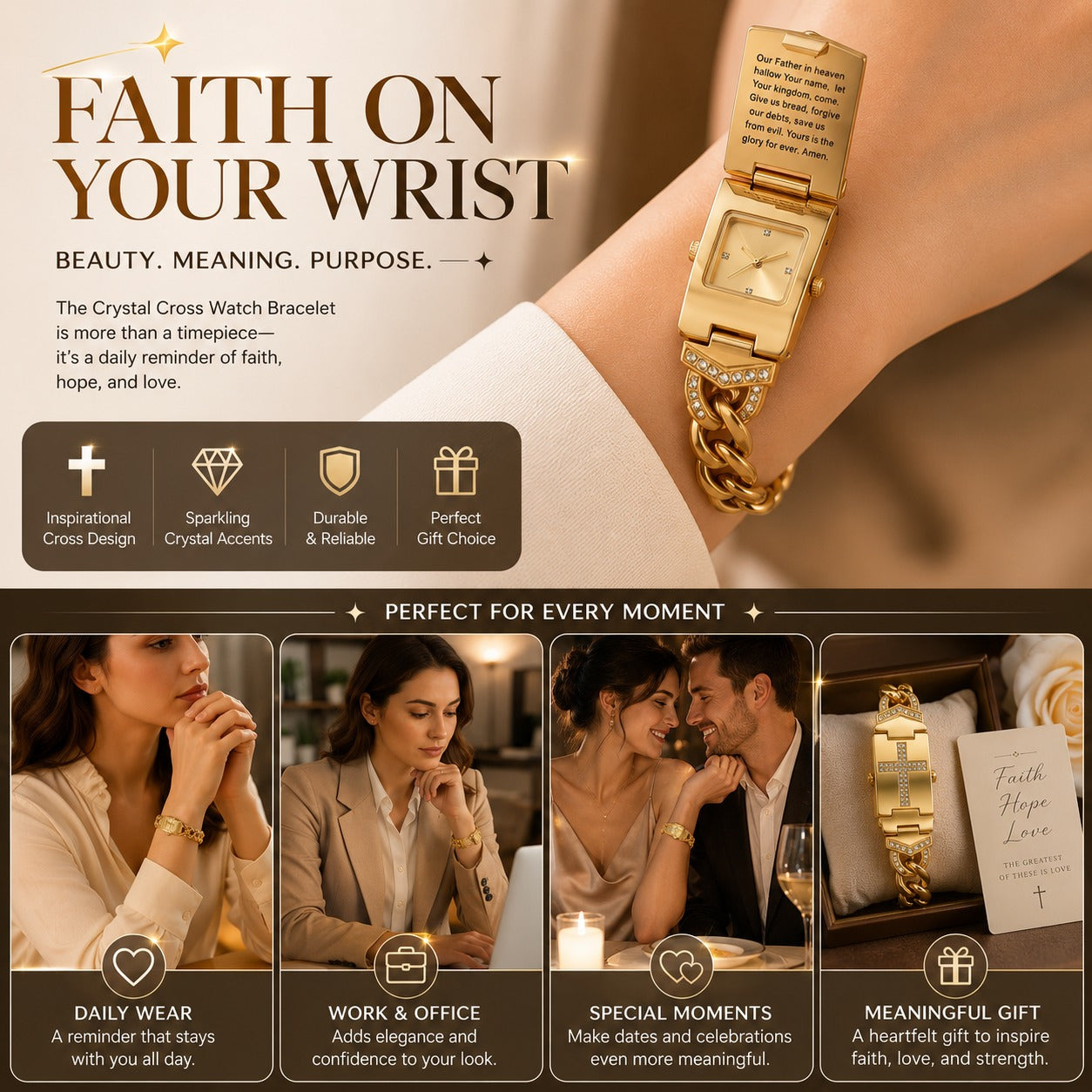Sparkling Crystal Cross Hidden Watch Bracelet