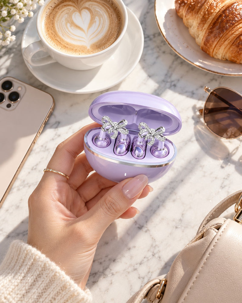 Hand holding the open lavender charging case