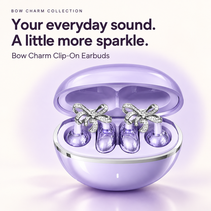 Bow Charm Clip-On Earbuds in lavender charging case