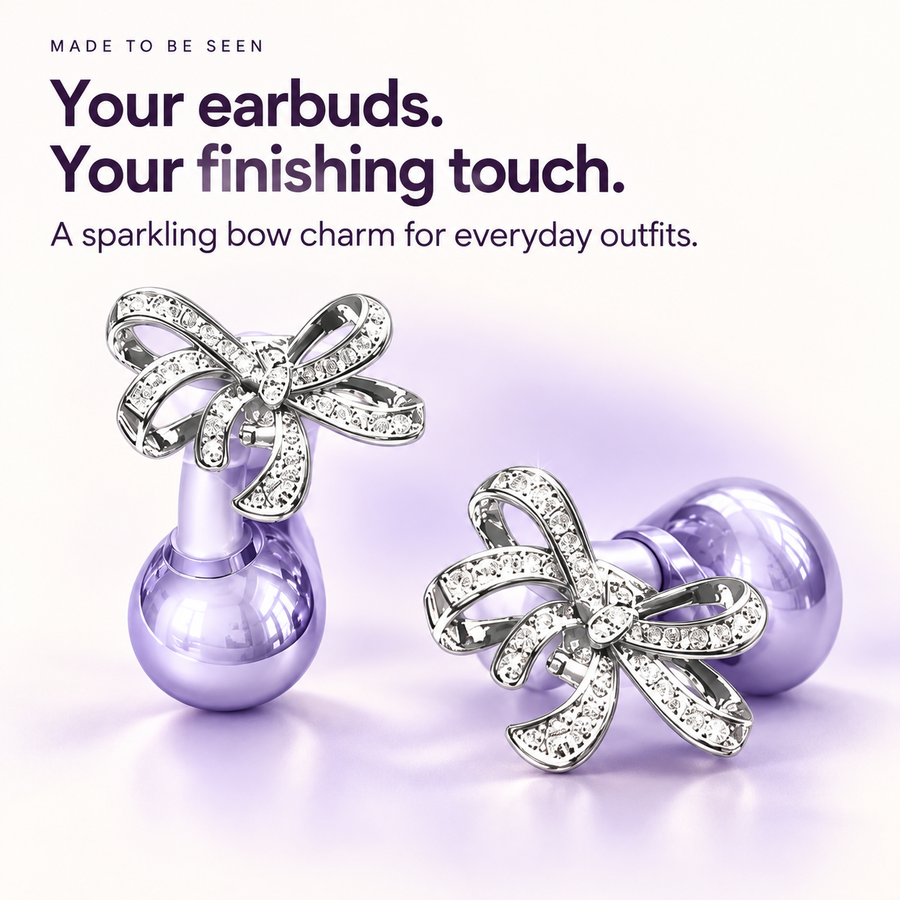 Silver rhinestone bows on lavender clip-on earbuds