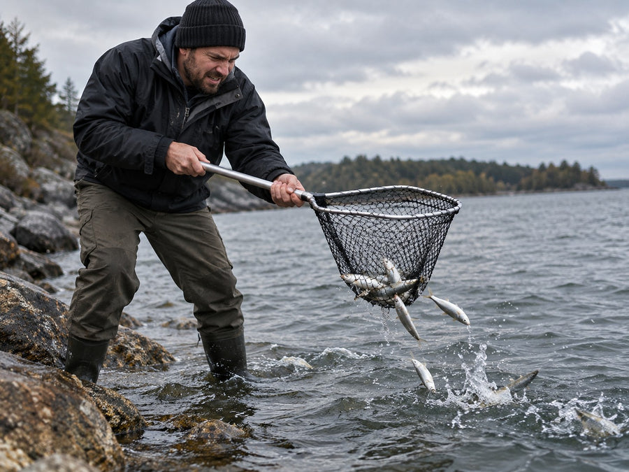Fisherman losing baitfish from a small scoop net
