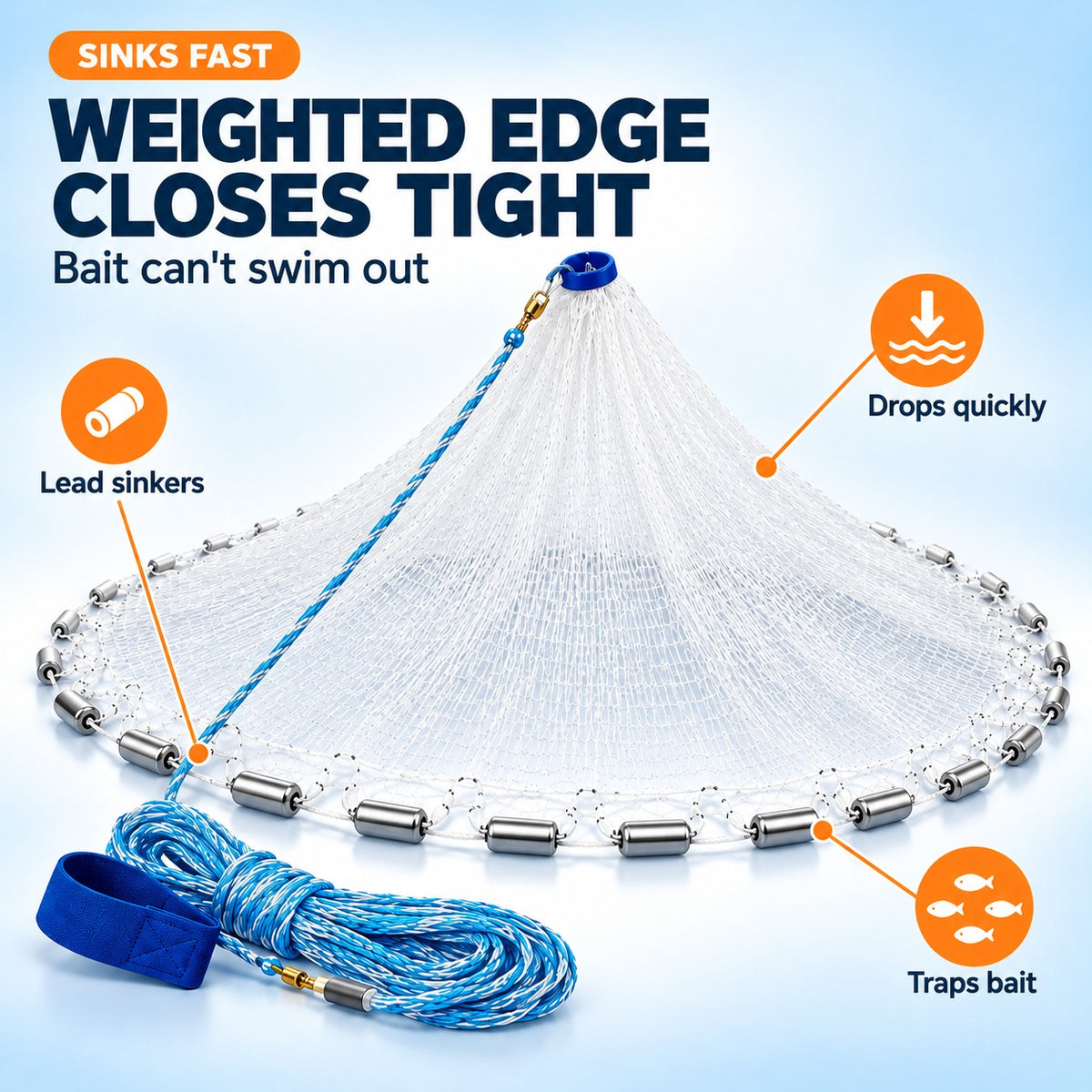 Easy Throw Bait Cast Net with Weighted Edge