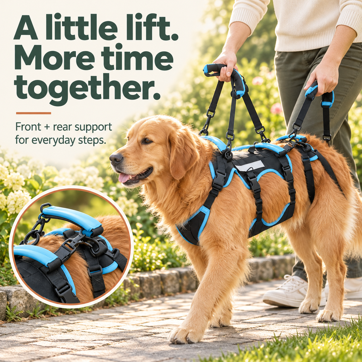 Sky blue full body dog support harness — hero