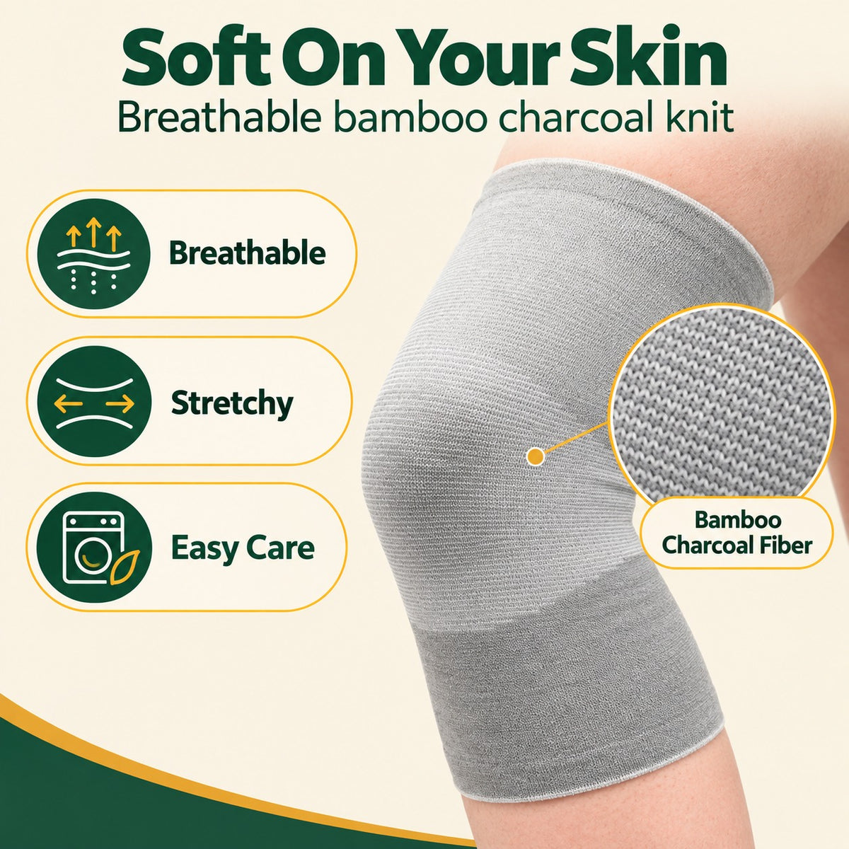 Bamboo Charcoal Knee Sleeves - Soft Breathable Support (1 Pair)