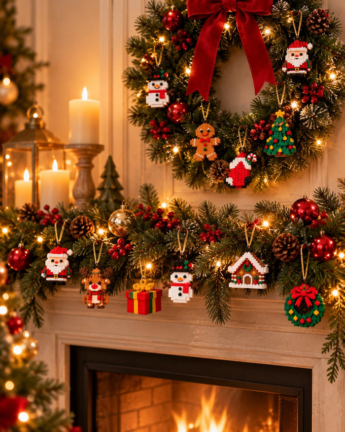 Ornaments on a wreath and mantel garland