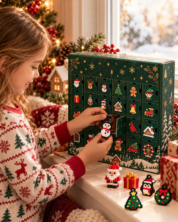Child opening a calendar door in the morning